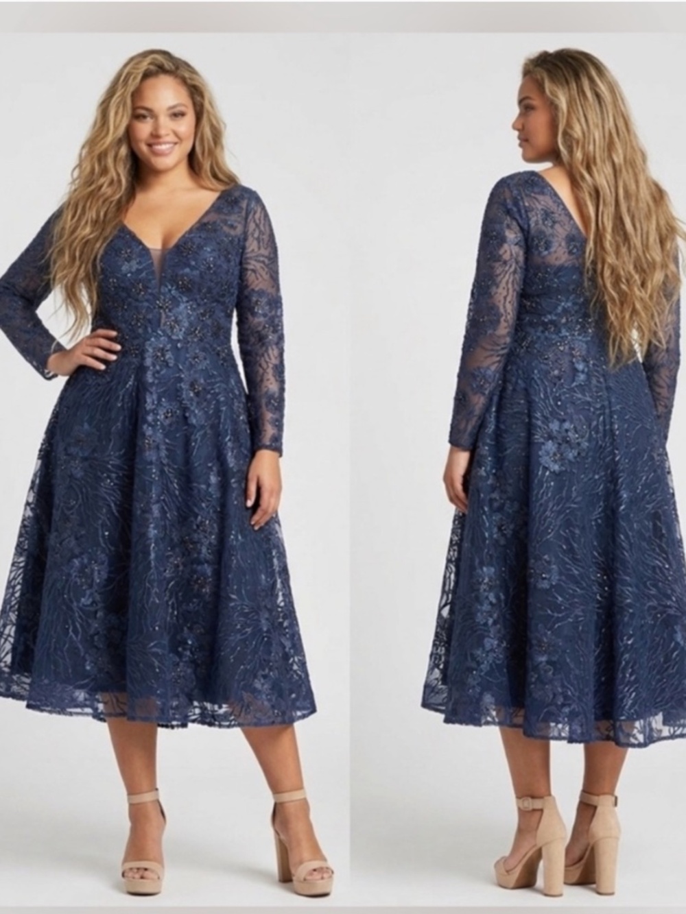 Mac Duggal Midnight Blue Floral Embroidered Sequin Beaded Midi Gown NWT